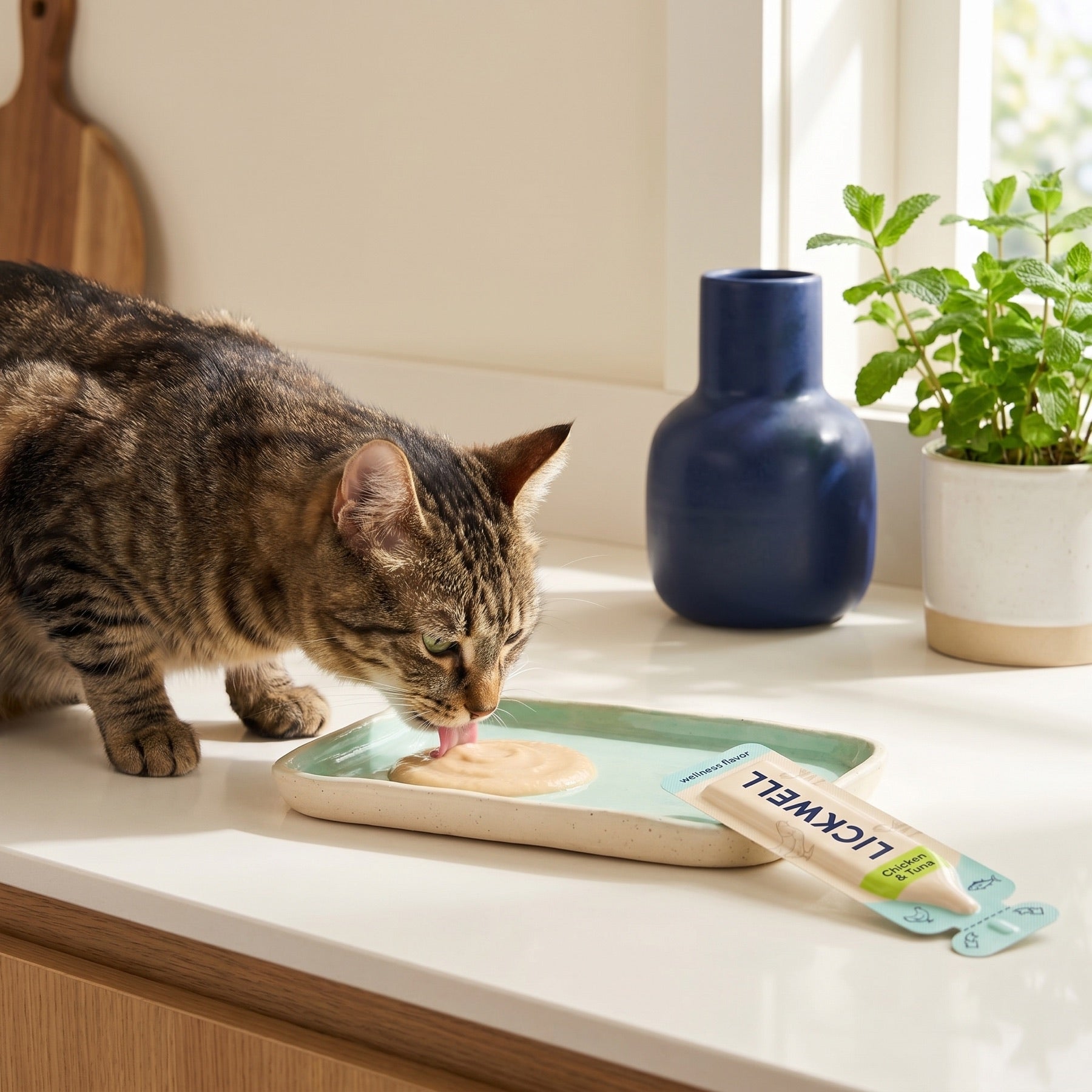 Cat licking LickWell puree from a tray