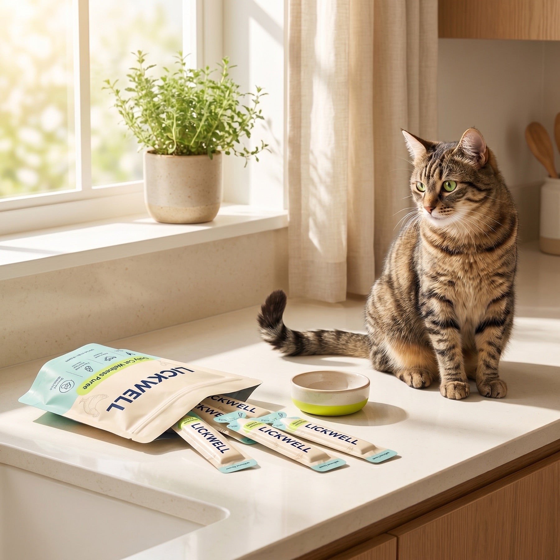 LickWell pouch, sachets, and happy cat