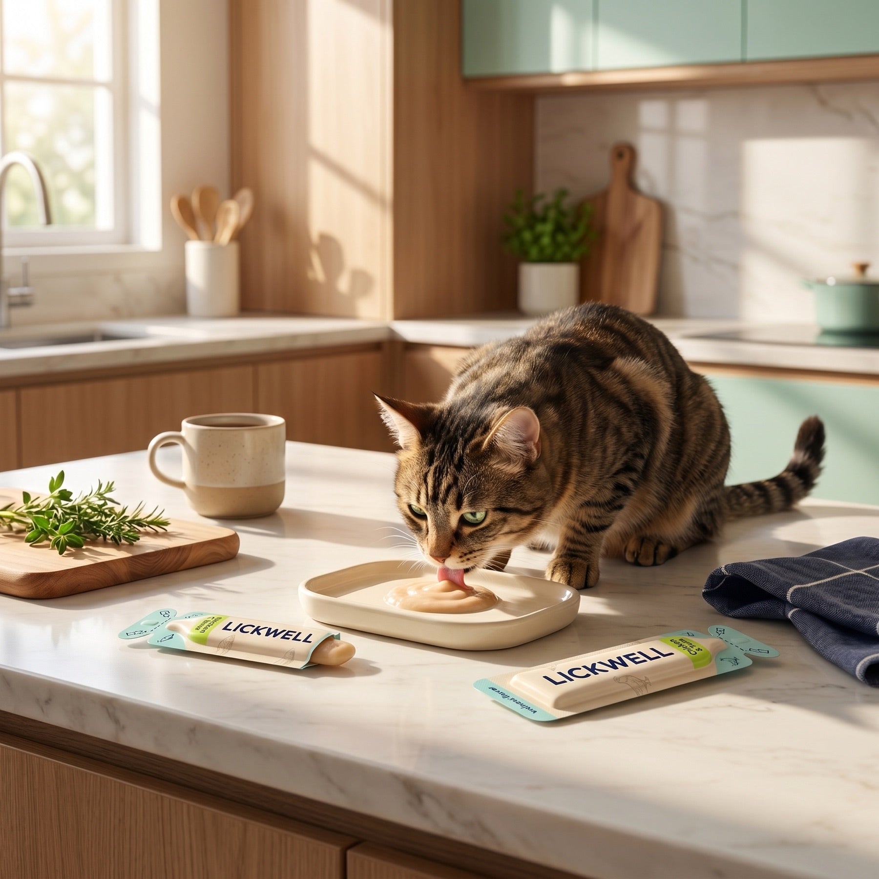 Cat enjoying LickWell during a morning kitchen routine